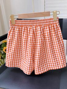 SHEIN EZwear Shorts de verano casuales de cuadros tejidos naranja para mujer
