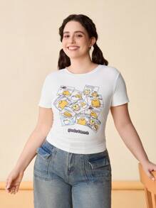 Gudetama X SHEIN 大尺碼休閒時尚白色寬鬆T恤，印有卡通蛋圖案，夏季 - 白色 - 查看 1