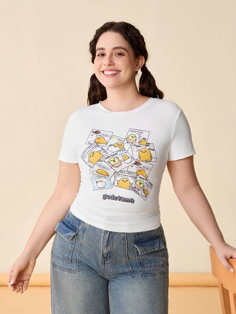 Gudetama X SHEIN 大尺碼休閒時尚白色寬鬆T恤，印有卡通蛋圖案，夏季 - 白色 - 查看 1