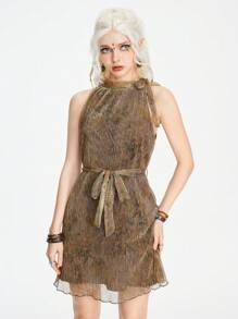 ROMWE Vintage Floral Pleated Metallic Fabric Women's Stand Collar Belted Sleeveless Dress - Brown - View 1