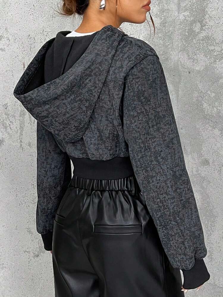 SHEIN EZwear Black Knitted Hooded Sweatshirt - Black - View 2