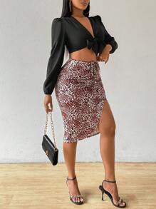 Zolique Tie Front Crop Top & Leopard Print Split Thigh Skirt - Multicolor - View 3