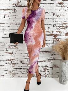SHEIN Clasi Vestido turquesa elegante de mujer con corte ajustado y diseño abstracto impreso - Morado - Ver 5