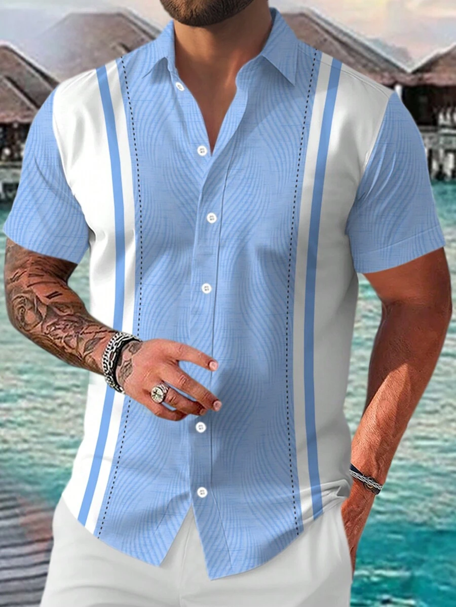 Manfinity RSRT Camisa casual de verano para hombre con estampado de rayas y mangas cortas - Multicolor - Ver 1