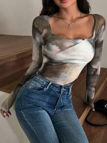 SHEIN EZwear Asymmetrical Pattern Square Neck Asymmetric Hem Mesh Short Date Top - Multicolor - View 4