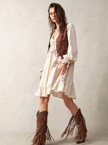 Bohemela Vacation Embroidery Women's Casual Mid-Length Dress, Beige Color, Summer - Apricot - View 9