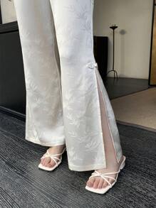 EastFlair 女款民族風植物暗印花開叉口袋寬腿褲，休閒款式 - 白色 - 查看 7