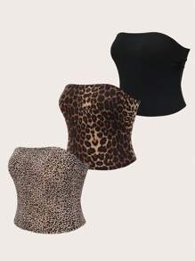 SHEIN EZwear Top sin tirantes de talla grande para mujer con estampado de leopardo/unicolor