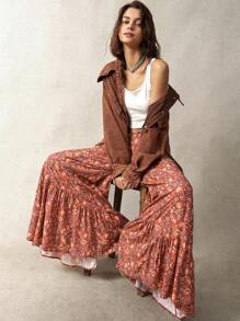 Bohemela Women's Vacation Floral Print Wide Leg Loose Pants With Ruffled Hem - Multicolor - View 3