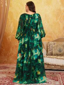 SUPGIR Abito in chiffon stampato digitalmente con manica a lanterna lunga, scollo a V, stampa floreale acquerellata, pieghe in vita, elegante e grazioso, taglie forti