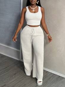 Slaydiva 2024 New Arrival Easter/Western Casual Basic Solid Color Long Sleeve Cropped Top, Cami Undershirt & Loose Pants 3 Piece Women Suit Set