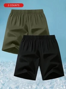 Men's Black + Army Green Elastic Waist Zipper Pocket Casual Shorts, Breathable - Black - View 2