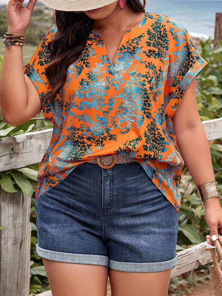 EMERY ROSE Blusa de manga de murciélago con cuello entallado y estampado floral de verano para tallas grandes - Naranja - Añade 3