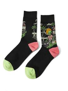 HELLFUNCO Artist Dark Alien Pattern Jacquard Mid-Calf Socks For Men - Multicolor - View 2