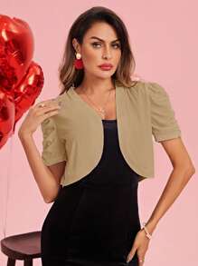 SHEIN Clasi Chaqueta ligera de manga abullonada y corta de unicolor para mujer, para primavera/verano y otoño/invierno - Albaricoque - Ver 5
