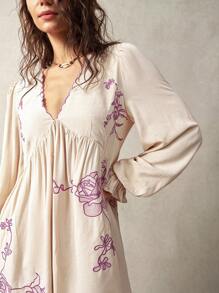 Bohemela Vacation Embroidery Women's Casual Mid-Length Dress, Beige Color, Summer - Apricot - View 5