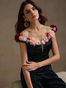 Anewsta Elegant And Beautiful Deep V-Neck 3D Floral Women's Top