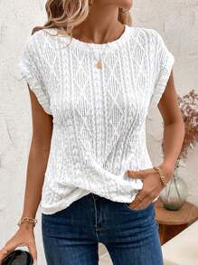 SHEIN Clasi Women's Geometric Dark Stripe Round Neck Twisted Hem Short Sleeve T-Shirt Fall Women Outfits - White - View 5