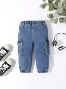SHEIN Explorewe Pantalones de mezclilla informales y modernos para niños, ropa de trabajo para infantes - Azul lavado medio - Ver 2