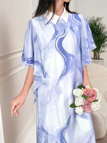 Al Najma 女式随机印花阿拉伯连衣裙 - 藍色 - 查看 5