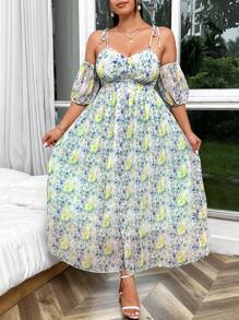 SHEIN Unity Plus Size Women's Open Shoulder Long Sleeve Floral Printed Pleated Dress, Ideal For Vacation - Green - View 7