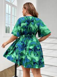 SHEIN Unity Plus Size V-Neck Floral Print Ruffled Short Sleeve Knee-Length Elegant Dress - Multicolor - View 2