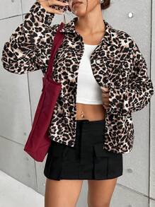SHEIN EZwear Corduroy Leopard Print Woven Women's Fashionable Long Sleeve Open Front Jacket - Multicolor - View 5