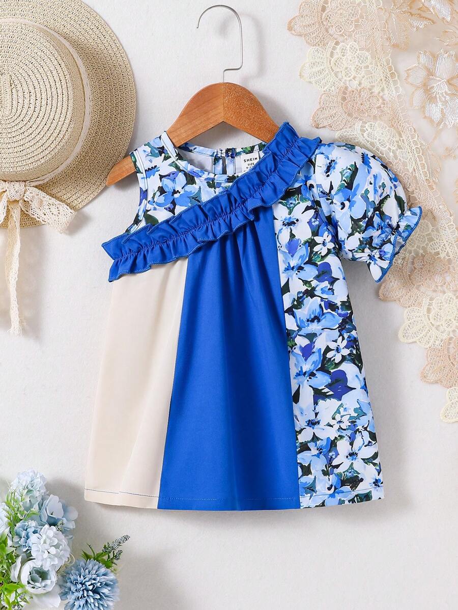 寶寶女孩假日休閒寬鬆可愛彩色拼接花卉印花褶邊A字連衣裙,邊飾荷葉邊 - 藍色 - 查看 1
