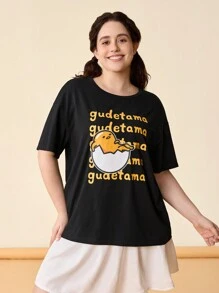 Gudetama X SHEIN Camiseta negra floja de manga corta con patrón de huevo impreso fresco 'Dopamina' linda y casual de talla grande para el verano, estilo urbano - Negro - Ver 1