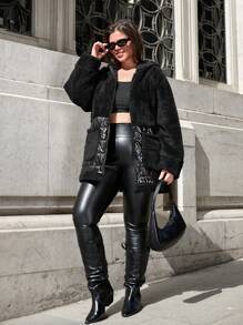 RueChic Plus Women's Dual Pocket Drop Shoulder Hooded Zipper Up Hooded Puffer Coat, For Winter - Black - View 3