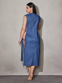 SHEIN SXY Vestido de verano de unicolor sin mangas para mujer talla grande con pequeño cuello alto, efecto vaquero y amarre lateral
