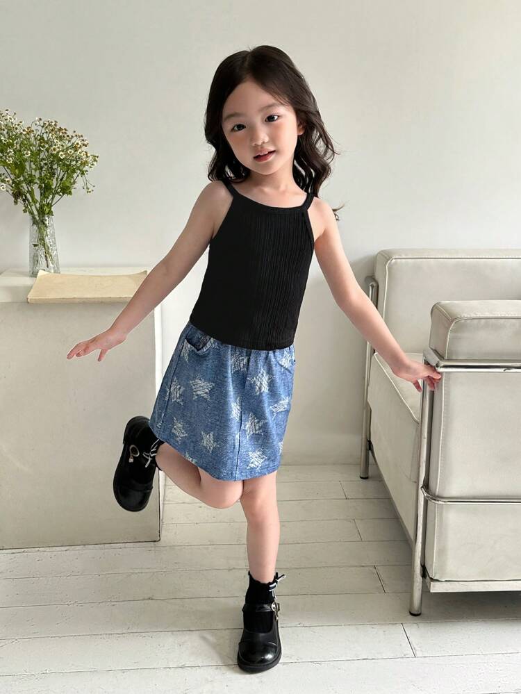Little Girls' Solid Color Casual Tank Top & Star Printed Skirt Set, Summer