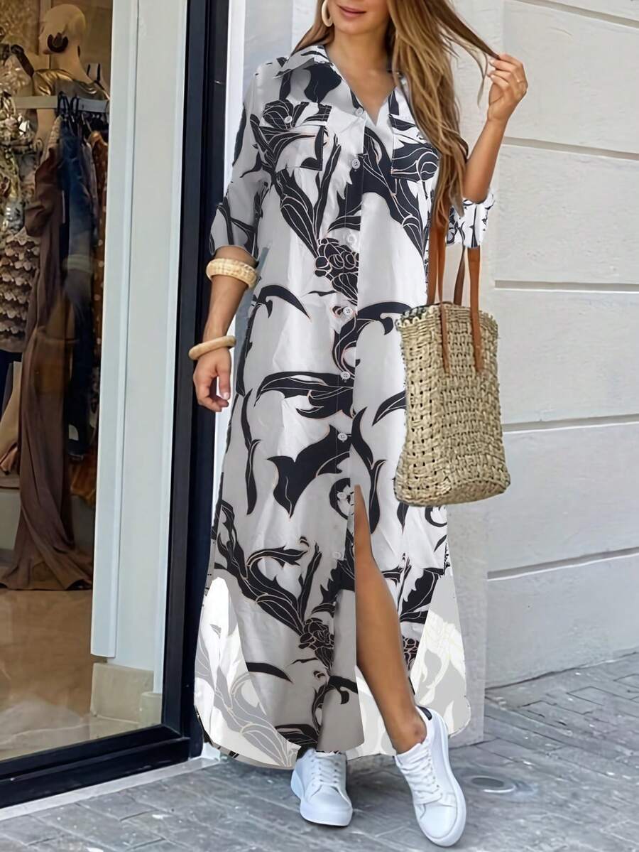 女士时尚长袖印花衬衫领休闲长裙