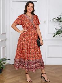 Mulvari Plus Size Women's Random Printed Simple Daily Dress - Red - View 6