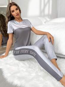 Color Block Letter Printed Casual Women's Pajama Set - Grey - View 6