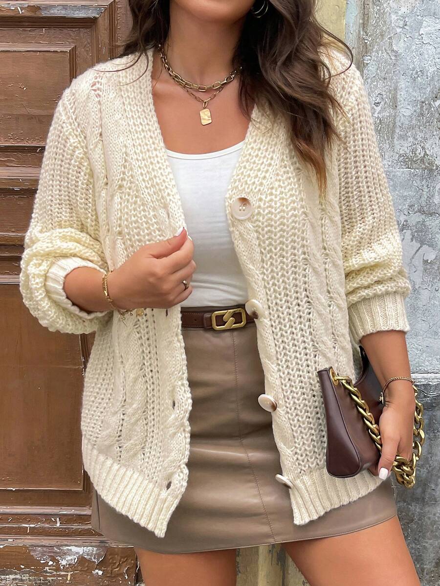 Celure Plus Cable Knit Drop Shoulder Cardigan - Apricot - View 1