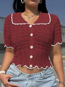 Flirla 大码时尚高端针织上衣，采用高领和镂空设计 - 紅色 - 查看 7