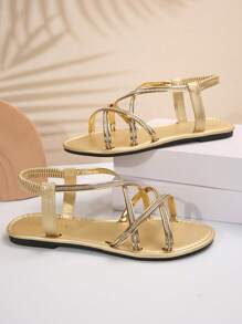 欧美风格大码女式露趾交叉绑带舒适简约水钻镶嵌松紧带平底皮拖鞋，休闲时尚沙滩户外夏季女式凉鞋 - 金色 - 查看 3