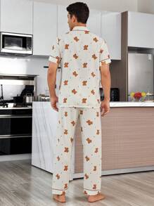 CoupledUp Bear Bubble Wrinkle Print Lapel Collar Men's Pajamas Set - Apricot - View 3