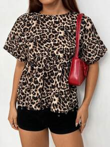 SHEIN EZwear Leopard Print Woven Women's Round Neck Summer Short Sleeve Shirt,Short Sleeve Tops - Multicolor - View 4