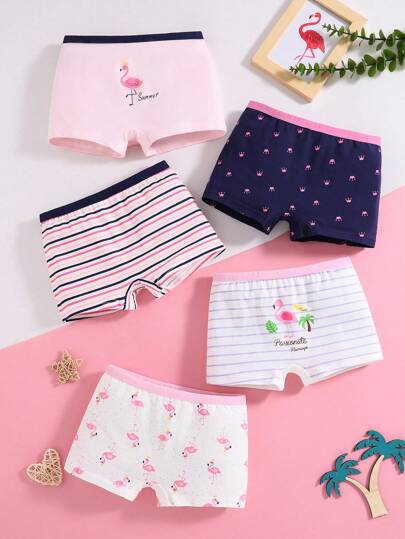 5pcs/Pack Girls' Cartoon Print Striped Contrast Color Cute Cotton Briefs, Multi-Pack