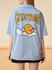 Gudetama X SHEIN 女款休閒卡通蛋和字母印花短袖上衣 - 淺藍色 - 查看 4