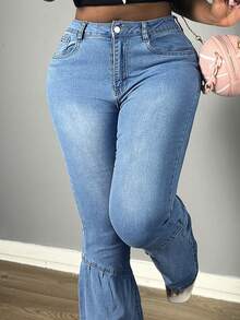 Women's Stretchy Patchwork Flared Jeans - Light Wash - View 7