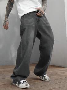 Manfinity Homme Men's Casual Loose Fit Wide Leg Denim Pants With Pockets, Plain Wide Jeans Long Baggy Dark Grey Washed Cargo Jeans, For Husband, Boyfriend Gifts, Grey Baggy Jeans Men, Loose Jeans Men, Men Baggy Jeans - Grey - View 5