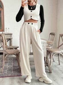 SHEIN Clasi 2pcs Women's Casual Button Embellished Cropped Vest Jacket And Pants Suit - Beige - View 5