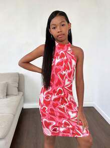 SHEIN Tween Girl's Red Heart Printed Halter Dress - Red - View 7