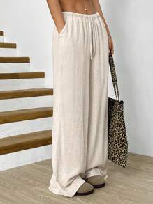 SHEIN EZwear Apricot Woven Wide Leg Casual Pants For Women