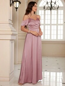Cold Shoulder Solid Split Thigh Women Prom Dresses - Dusty Pink - View 4