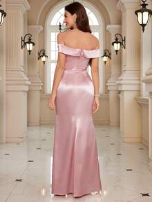 Elegant Solid Color Off Shoulder Backzip Split Evening Dress - Pink - View 2