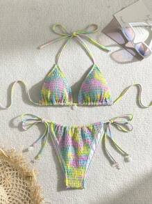 Tie Dye Smocked Halter Triangle Summer Beach Bikini Set - Multicolor - View 4